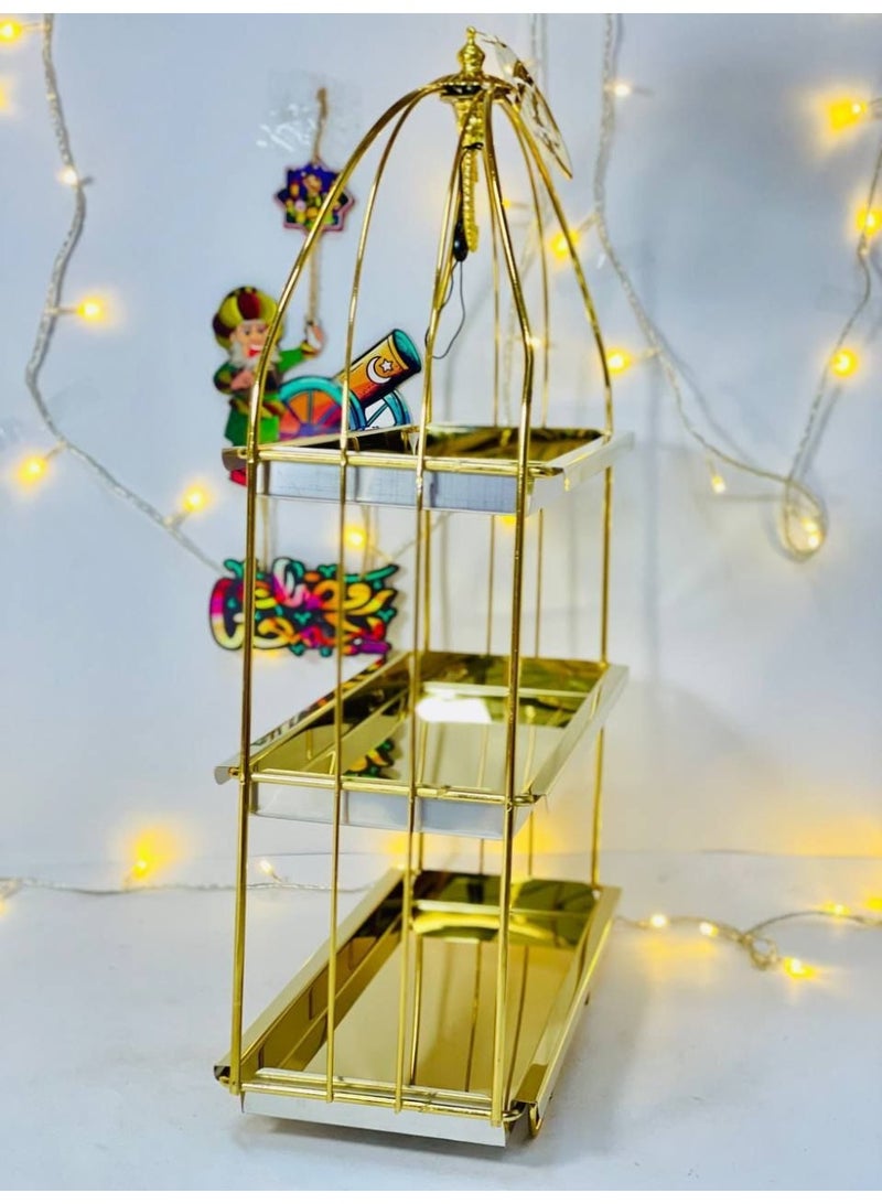 شيالة الأطباق الشيالة 3 دور   الذهبية  و تعليقة الهلال و رمضان كريم  لتقديم الحلويات و الكنافة و الاطايف للضيوف في رمضان  الخامة المعدنية التقيلة  الشيالة المستطيلة  المقاس : ٤٩ سم - Image 3